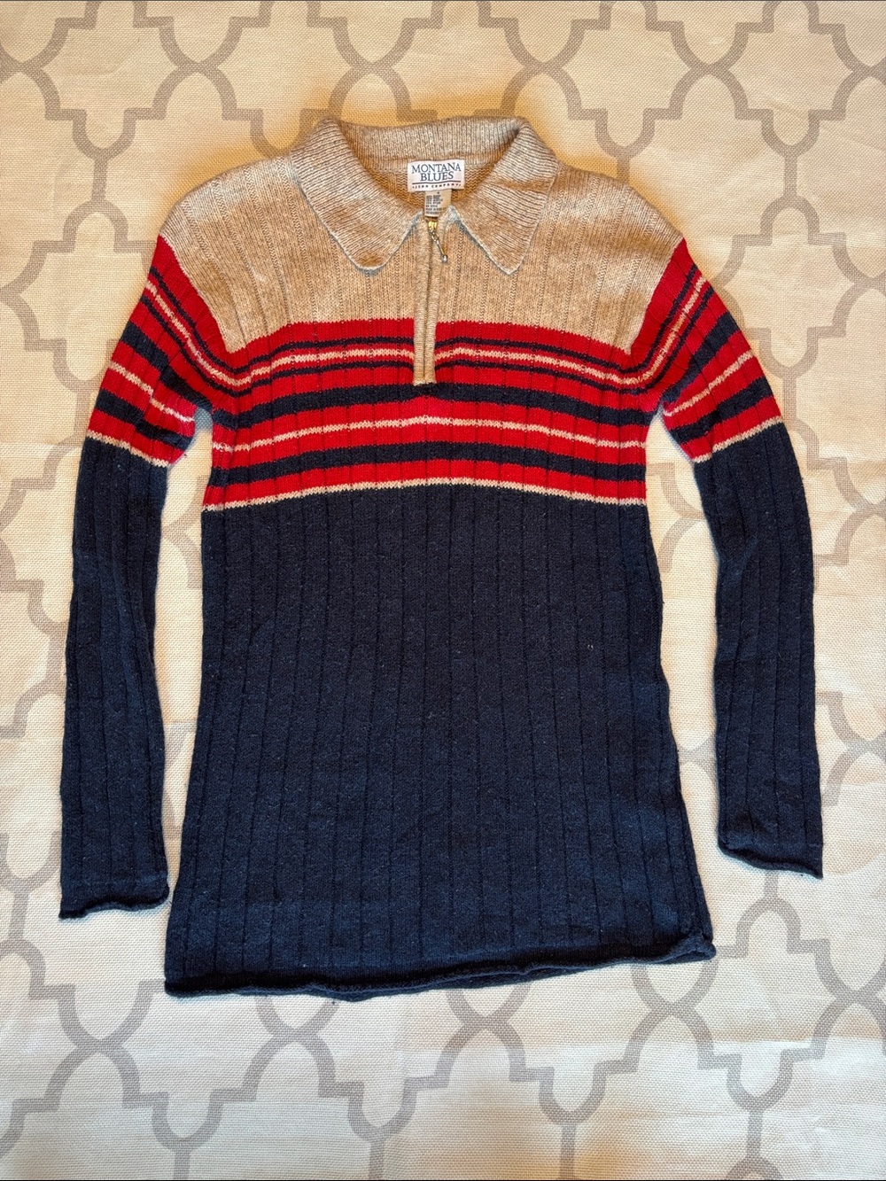 Montana Blues Men's Zip-Front Sweater in Navy, Red & Tan